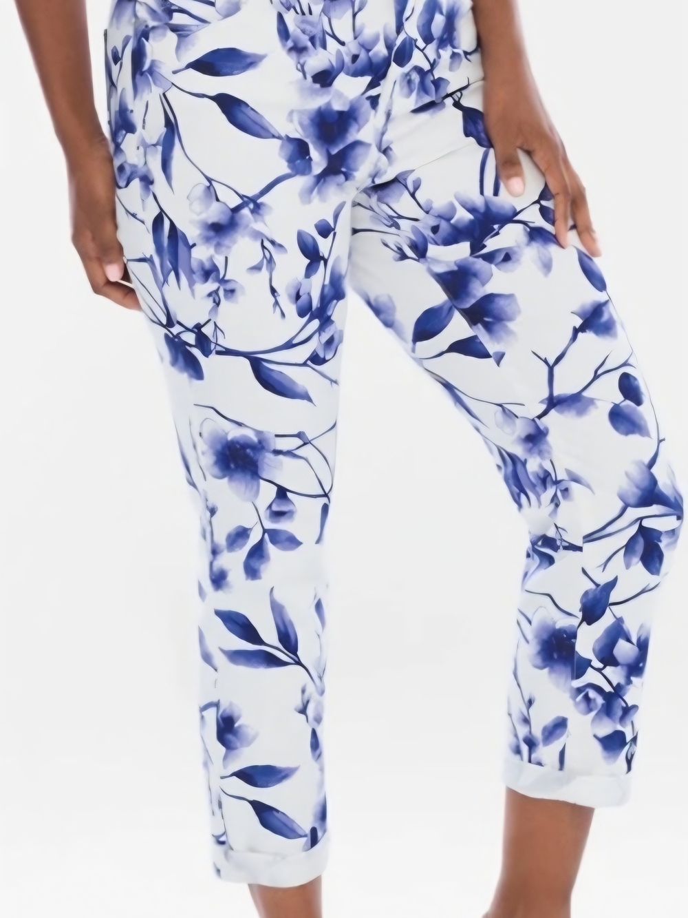 Chico's Floral Print Slimming Girlfriend Crop Pants - Blue on White - Picture 7 of 7